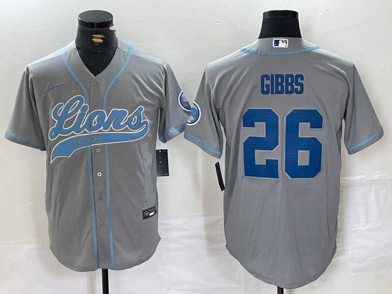 Mens Detroit Lions #26 Jahmyr Gibbs Grey With Patch Cool Base Stitched Baseball Jersey